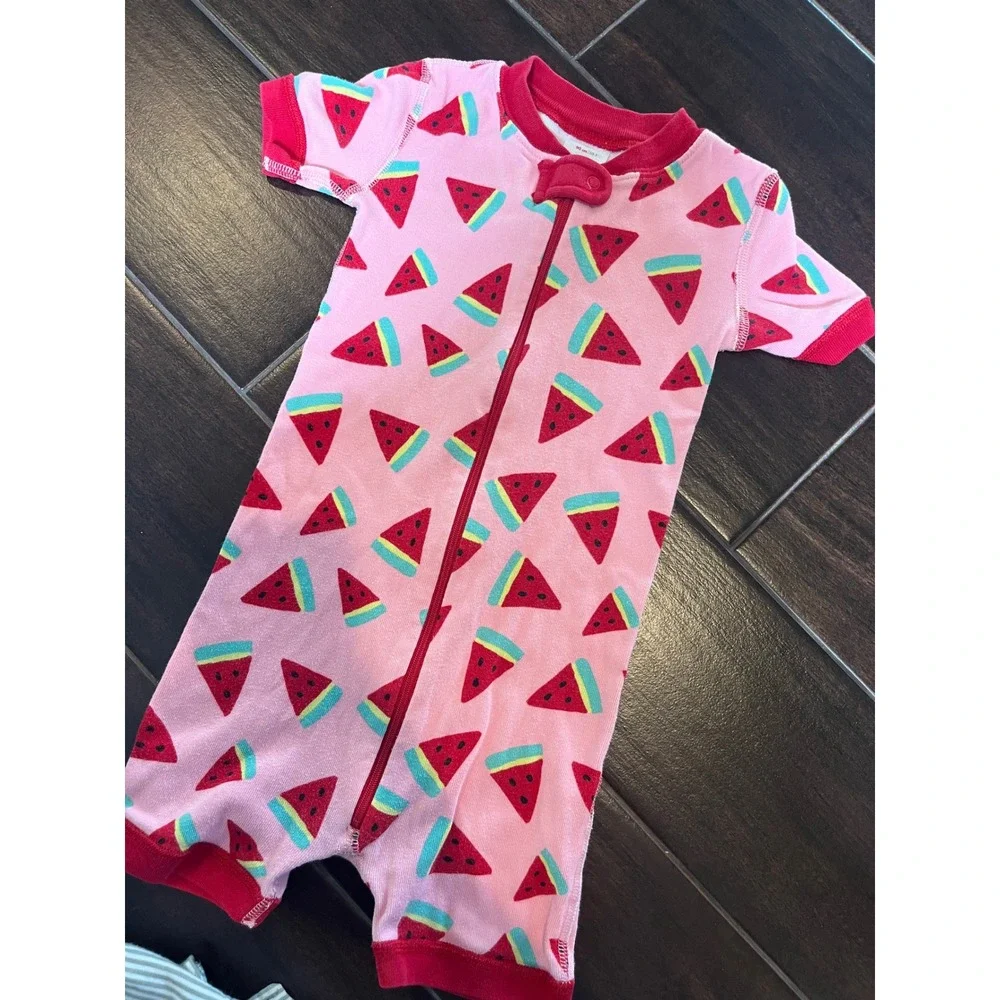 Hanna Andersson Kids Pink Watermelon Organic Cotton Zip Front Pajama Romper 3T